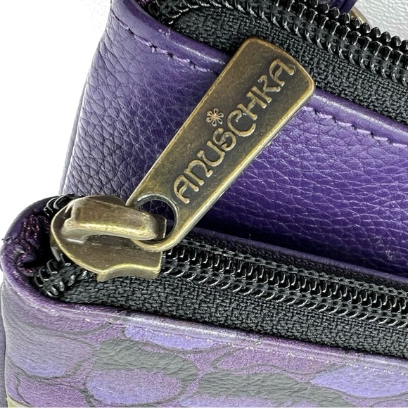 Anuschka Hand Painted Crossbody Bag Flowers Purple Blue Pink Yellow Leather EUC - Picture 12 of 15